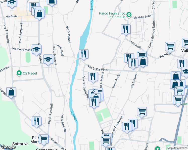map of restaurants, bars, coffee shops, grocery stores, and more near 9 Via Raffaello Sanzio in Ponte San Pietro
