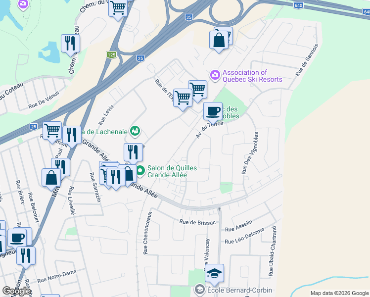 map of restaurants, bars, coffee shops, grocery stores, and more near 858 Avenue du Terroir in Terrebonne