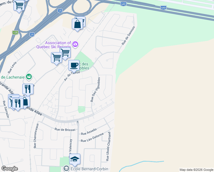 map of restaurants, bars, coffee shops, grocery stores, and more near 129 Rue du Champenois in Terrebonne