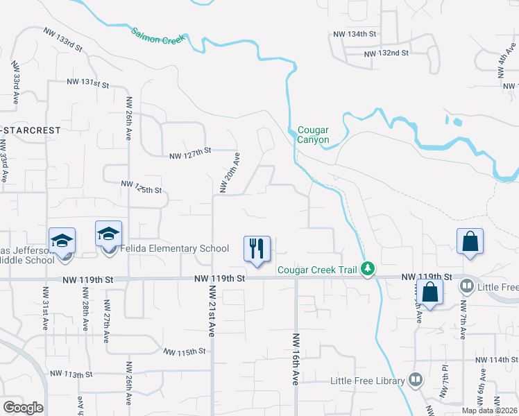 map of restaurants, bars, coffee shops, grocery stores, and more near 1802 Northwest 124th Street in Vancouver