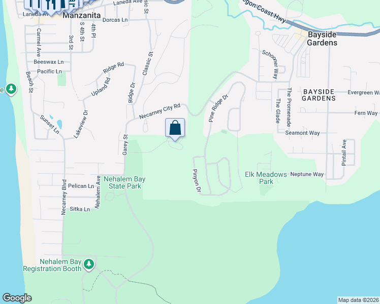 map of restaurants, bars, coffee shops, grocery stores, and more near 34620 Pinyon Drive in Nehalem