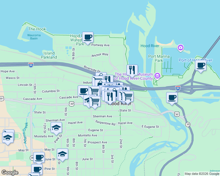 map of restaurants, bars, coffee shops, grocery stores, and more near 314 Columbia Street in Hood River
