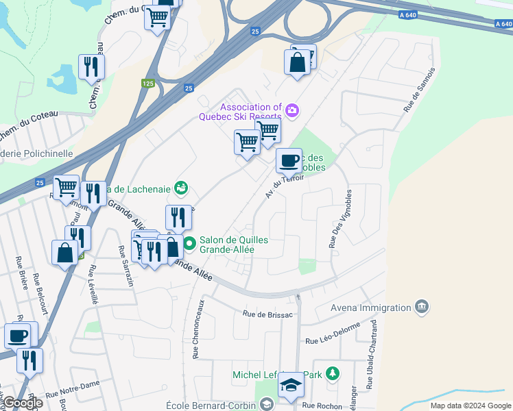 map of restaurants, bars, coffee shops, grocery stores, and more near 870 Avenue du Terroir in Terrebonne