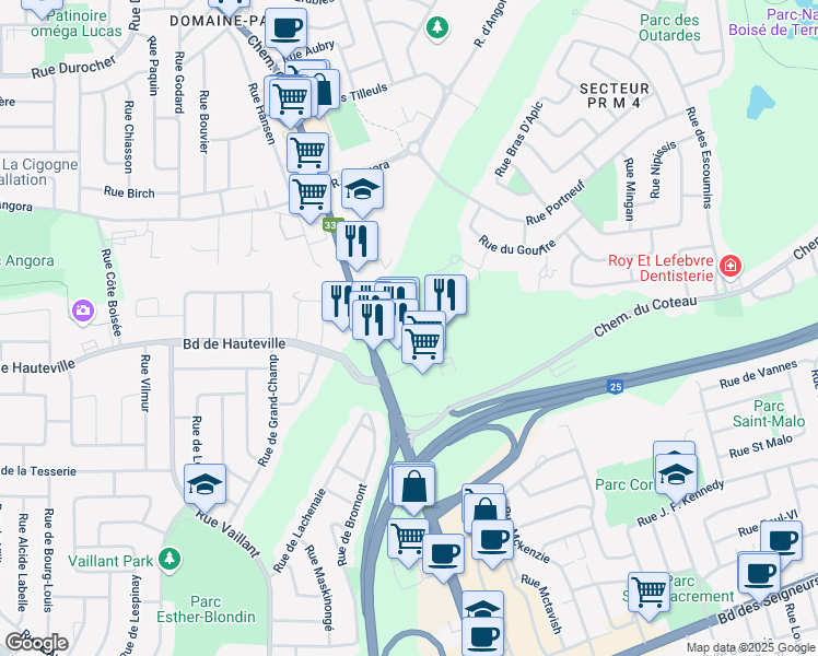 map of restaurants, bars, coffee shops, grocery stores, and more near 1425 Chemin Gascon in Terrebonne