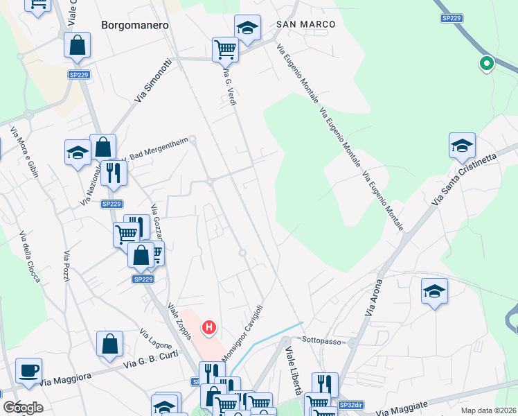 map of restaurants, bars, coffee shops, grocery stores, and more near 73 Via G. Verdi in Borgomanero