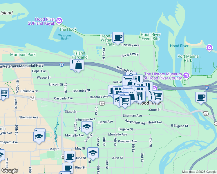 map of restaurants, bars, coffee shops, grocery stores, and more near in Hood River