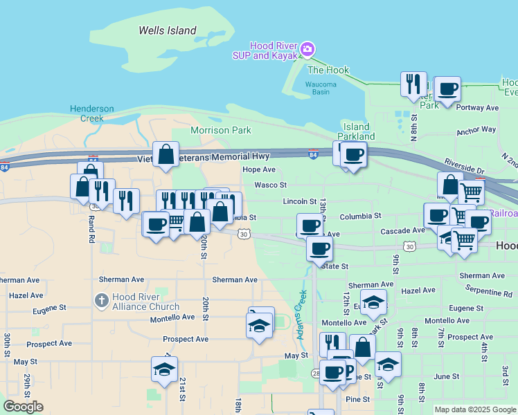 map of restaurants, bars, coffee shops, grocery stores, and more near 1524 Lincoln Street in Hood River