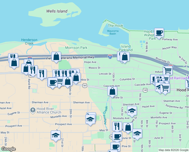 map of restaurants, bars, coffee shops, grocery stores, and more near 1513 Lincoln Street in Hood River