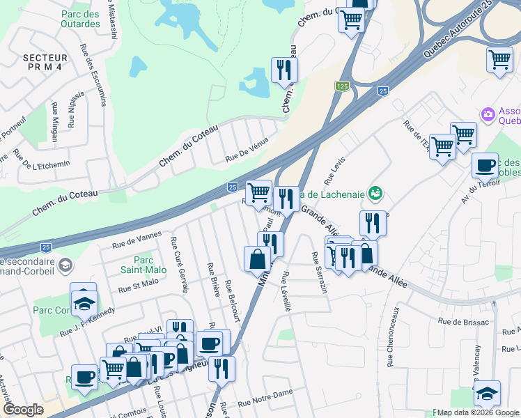 map of restaurants, bars, coffee shops, grocery stores, and more near 1336 Rue Dumont in Terrebonne