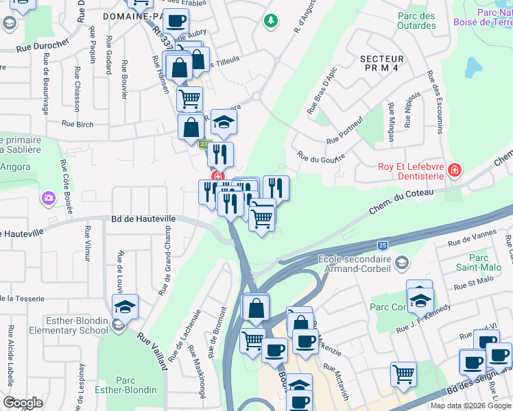 map of restaurants, bars, coffee shops, grocery stores, and more near 1425 Chemin Gascon in Terrebonne