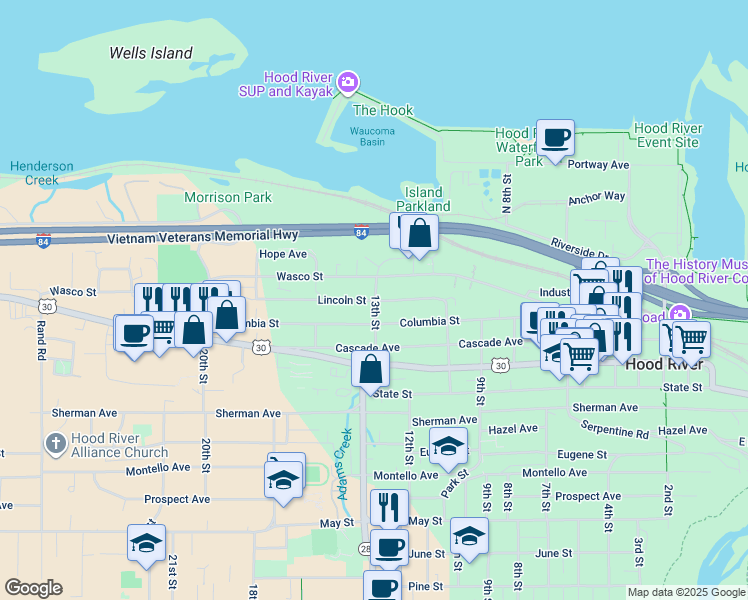 map of restaurants, bars, coffee shops, grocery stores, and more near 1300 Lincoln Street in Hood River
