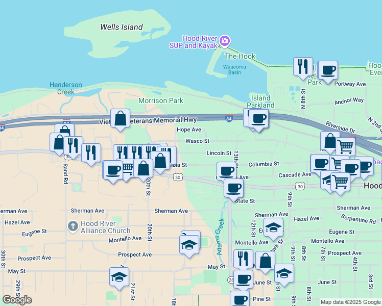 map of restaurants, bars, coffee shops, grocery stores, and more near 1524 Lincoln Street in Hood River