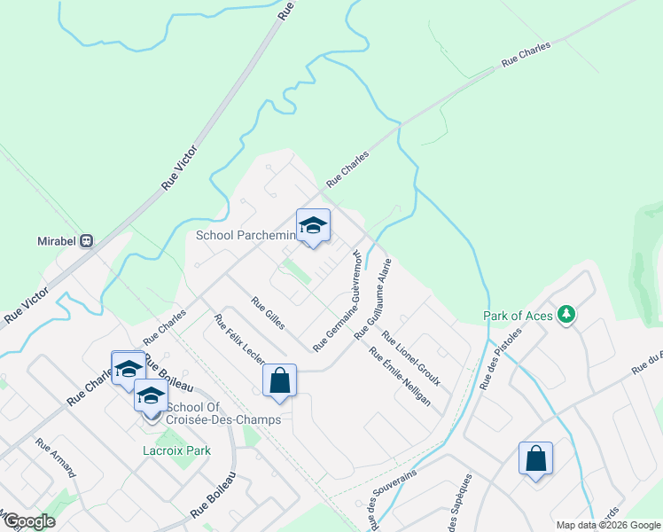 map of restaurants, bars, coffee shops, grocery stores, and more near 18849 Rue Hubert-Aquin in Mirabel