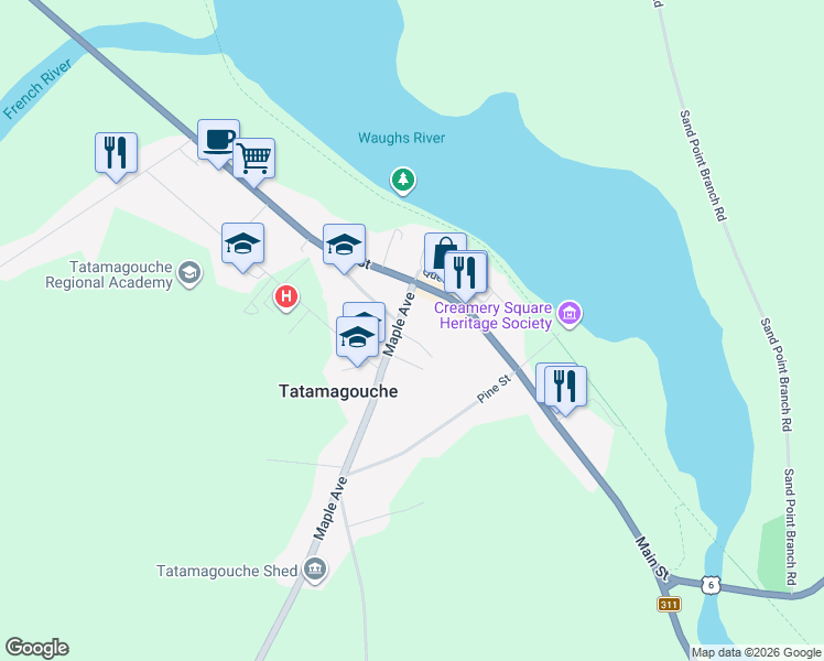 map of restaurants, bars, coffee shops, grocery stores, and more near 28 Maple Avenue in Tatamagouche