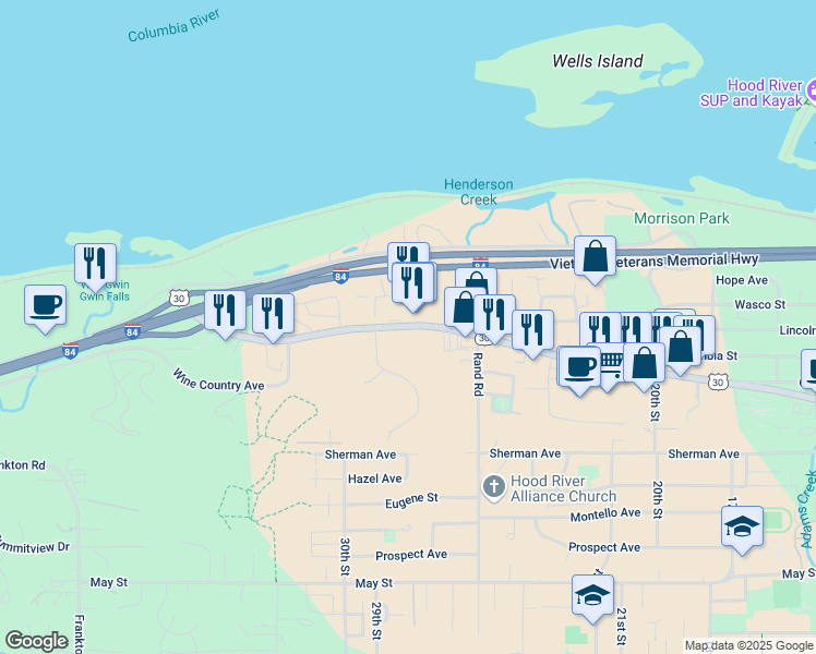 map of restaurants, bars, coffee shops, grocery stores, and more near 3145 Cascade Avenue in Hood River