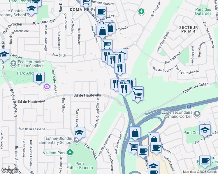 map of restaurants, bars, coffee shops, grocery stores, and more near 1215 Rue de Noyan in Terrebonne