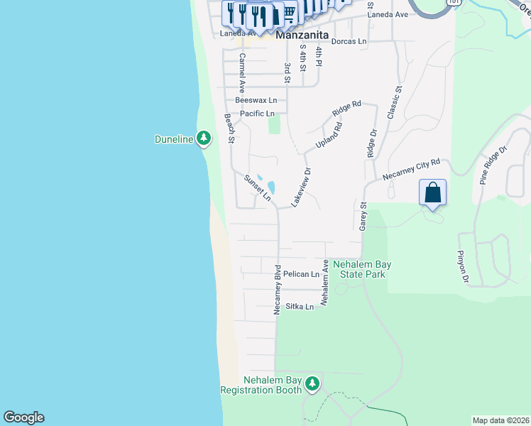 map of restaurants, bars, coffee shops, grocery stores, and more near 84 Beach Drive in Manzanita