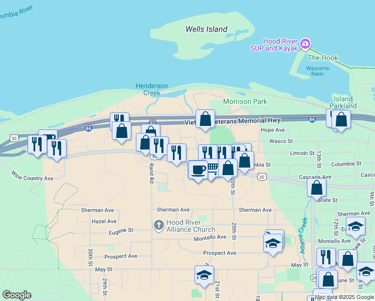 map of restaurants, bars, coffee shops, grocery stores, and more near 2455 Wasco Street in Hood River