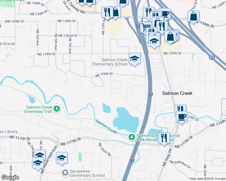 map of restaurants, bars, coffee shops, grocery stores, and more near 1307 Northeast 124th Street in Vancouver