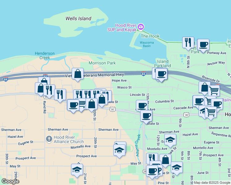map of restaurants, bars, coffee shops, grocery stores, and more near 1536 Lincoln Street in Hood River