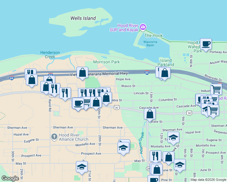 map of restaurants, bars, coffee shops, grocery stores, and more near 1802 Lincoln Street in Hood River