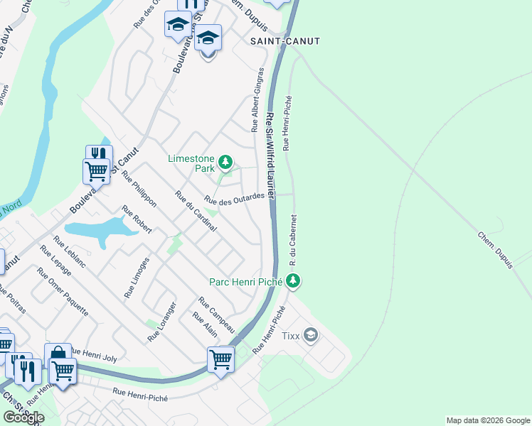 map of restaurants, bars, coffee shops, grocery stores, and more near 9085 Rue des Outardes in Mirabel