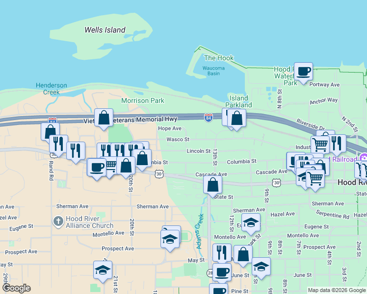 map of restaurants, bars, coffee shops, grocery stores, and more near 1502 Lincoln Street in Hood River