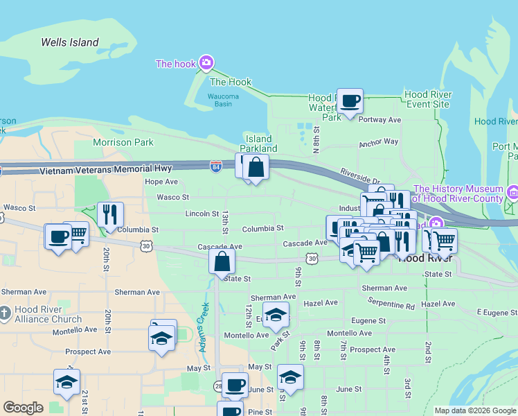 map of restaurants, bars, coffee shops, grocery stores, and more near 1018 Lincoln Street in Hood River