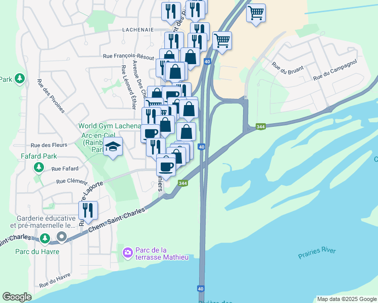 map of restaurants, bars, coffee shops, grocery stores, and more near 336 Montée des Pionniers in Terrebonne