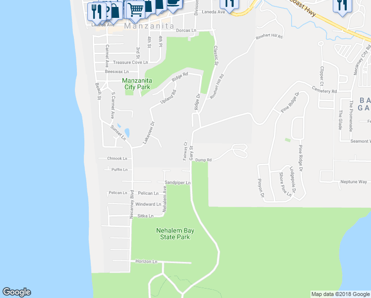 map of restaurants, bars, coffee shops, grocery stores, and more near Fairway Court in Manzanita