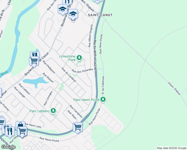 map of restaurants, bars, coffee shops, grocery stores, and more near 9085 Rue des Outardes in Mirabel