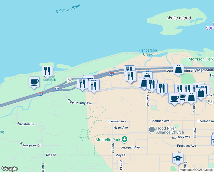 map of restaurants, bars, coffee shops, grocery stores, and more near 3345 Cascade Avenue in Hood River