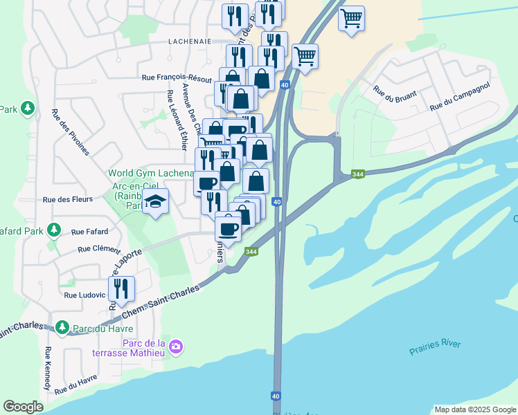 map of restaurants, bars, coffee shops, grocery stores, and more near 336 Montée des Pionniers in Terrebonne