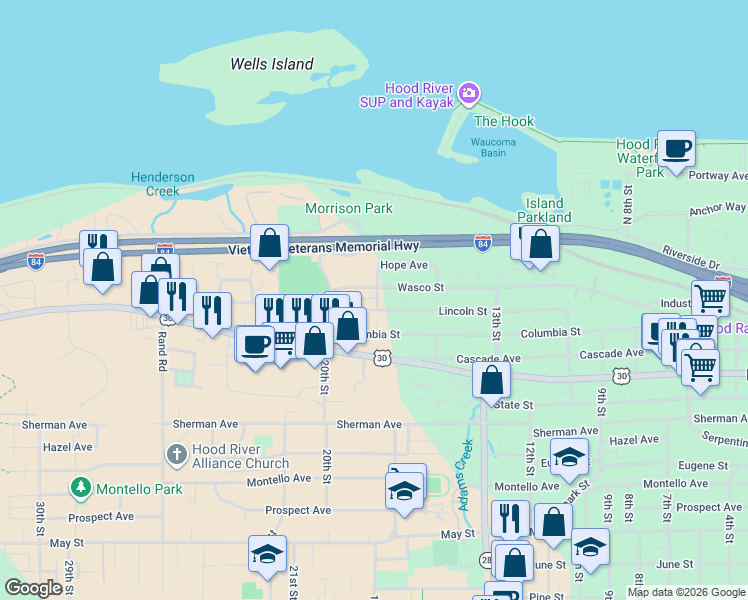 map of restaurants, bars, coffee shops, grocery stores, and more near 1802 Lincoln Street in Hood River