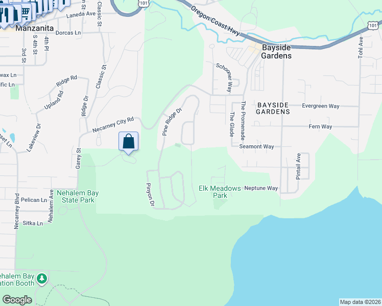 map of restaurants, bars, coffee shops, grocery stores, and more near Pine Ridge Drive in Manzanita