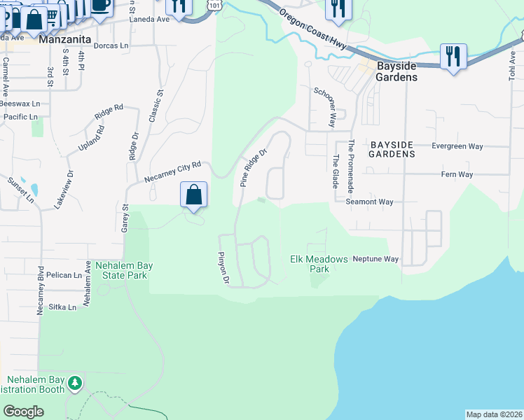 map of restaurants, bars, coffee shops, grocery stores, and more near 10500 Pine Ridge Drive in Manzanita