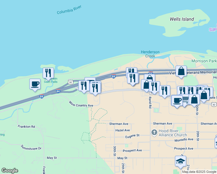 map of restaurants, bars, coffee shops, grocery stores, and more near 3345 Cascade Avenue in Hood River