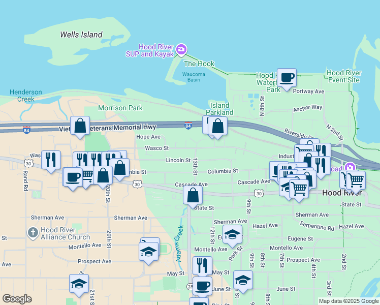 map of restaurants, bars, coffee shops, grocery stores, and more near 1318 Lincoln Street in Hood River
