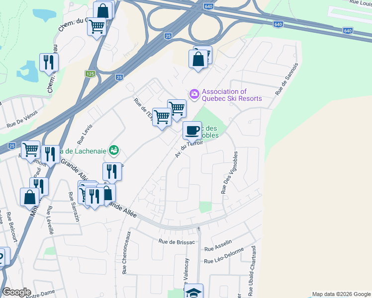 map of restaurants, bars, coffee shops, grocery stores, and more near 907 Avenue du Terroir in Terrebonne