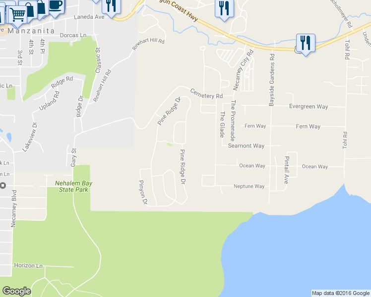 map of restaurants, bars, coffee shops, grocery stores, and more near 10500 Pine Ridge Drive in Manzanita