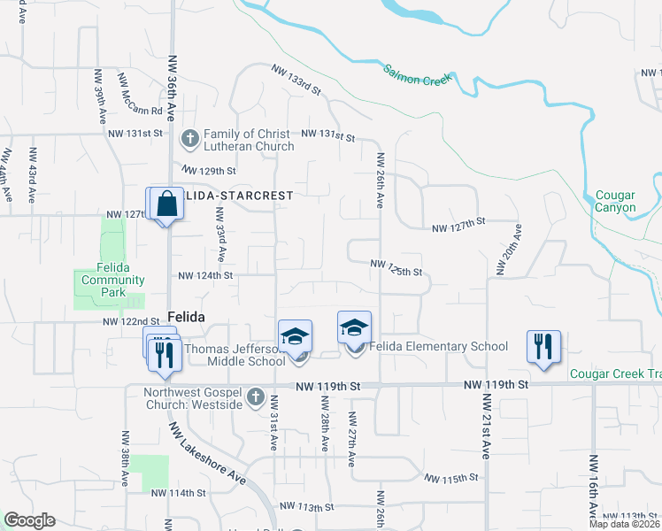 map of restaurants, bars, coffee shops, grocery stores, and more near 2802 Northwest 124th Street in Vancouver