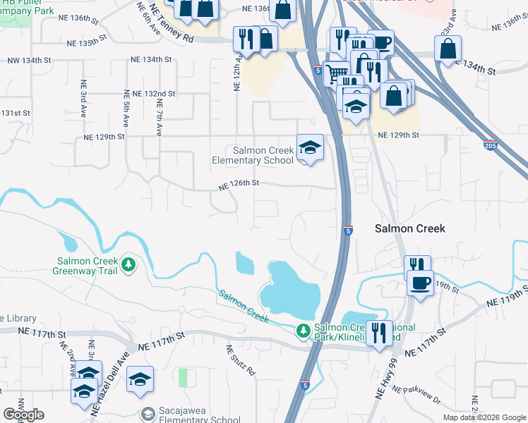 map of restaurants, bars, coffee shops, grocery stores, and more near 1307 Northeast 124th Street in Vancouver