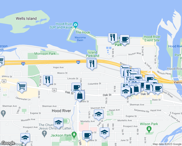 map of restaurants, bars, coffee shops, grocery stores, and more near 1018 Lincoln Street in Hood River
