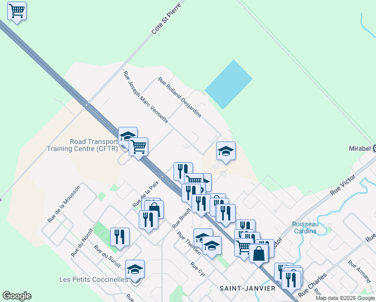 map of restaurants, bars, coffee shops, grocery stores, and more near 14500 Rue Joseph Marc Vermette in Mirabel