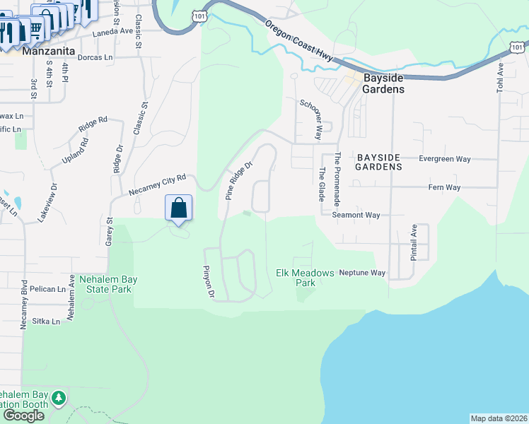 map of restaurants, bars, coffee shops, grocery stores, and more near 35140 Ponderosa Loop in Nehalem