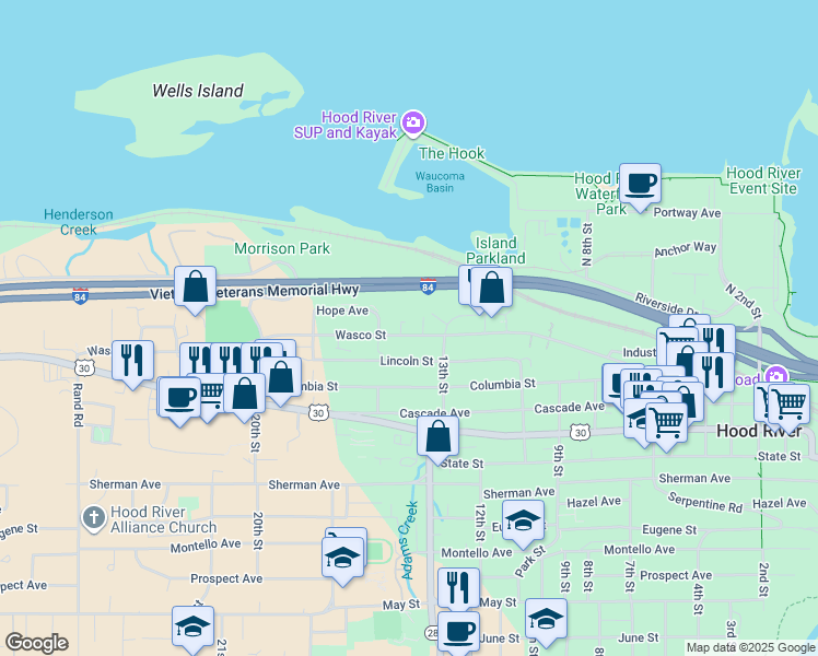 map of restaurants, bars, coffee shops, grocery stores, and more near 1318 Lincoln Street in Hood River