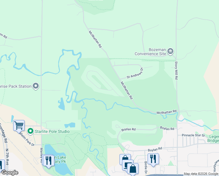 map of restaurants, bars, coffee shops, grocery stores, and more near 3225 Augusta Drive in Bozeman