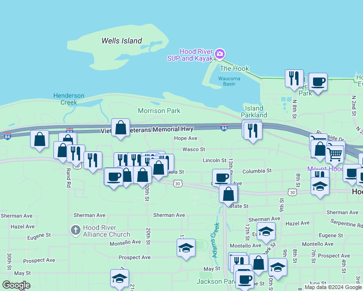 map of restaurants, bars, coffee shops, grocery stores, and more near 1524 Lincoln Street in Hood River