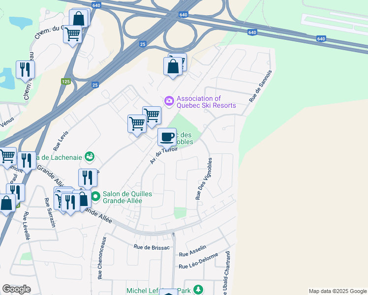 map of restaurants, bars, coffee shops, grocery stores, and more near Avenue du Terroir in Terrebonne