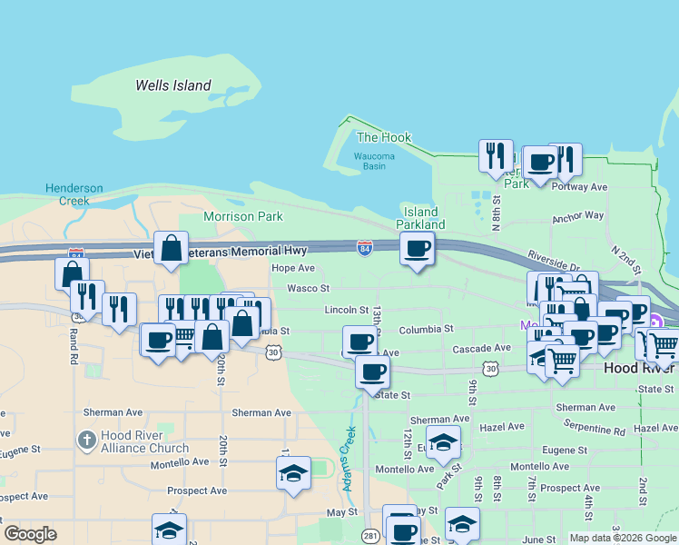 map of restaurants, bars, coffee shops, grocery stores, and more near 099 Pheasant View Drive in Hood River